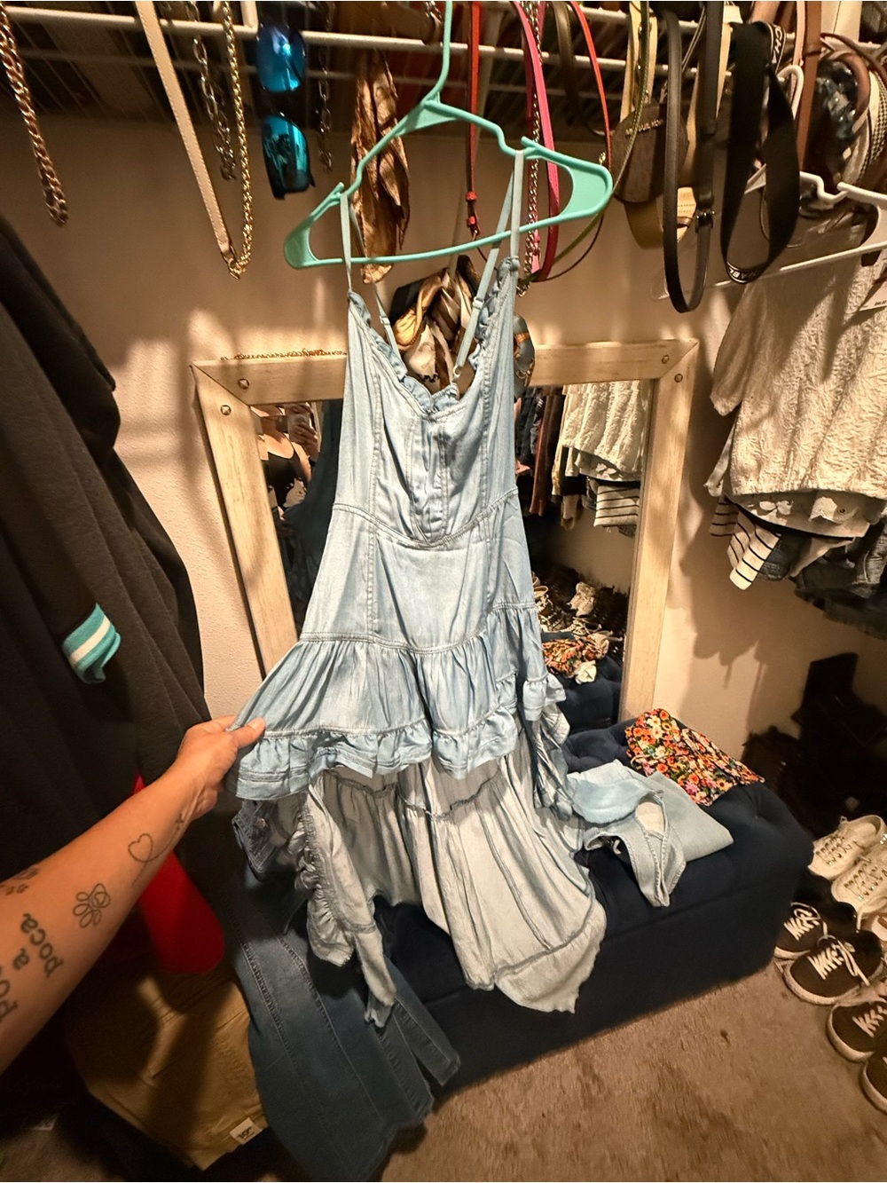 Light Wash Ruffled Tiered Denim Dress